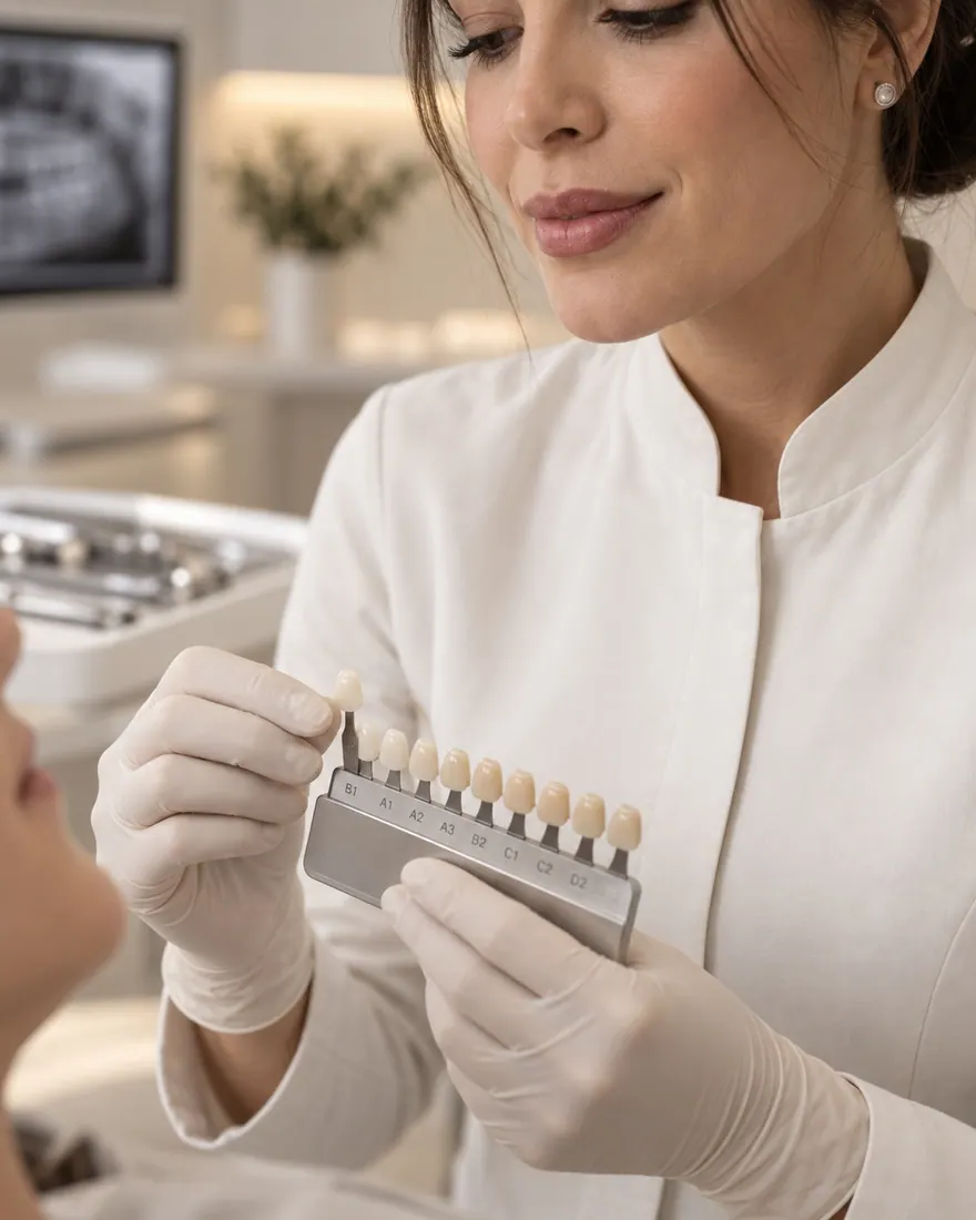 Imagem gerada por IA: Alba Varenne, dentista fictícia, de luvas, compara uma escala de cores dental durante o planejamento.